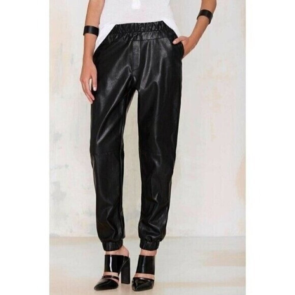Nasty Gal Women's Black Run with It Vegan Leather Jogger Pants Size S